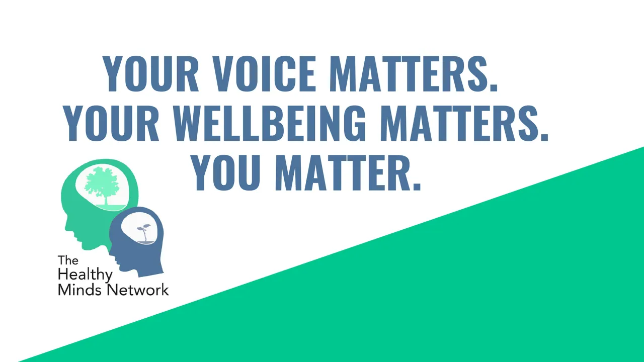 A graphic banner blue text and green accents that says Your Voice Matters. Your Wellbeing Matters. You Matter. with a Healthy Minds Network logo.